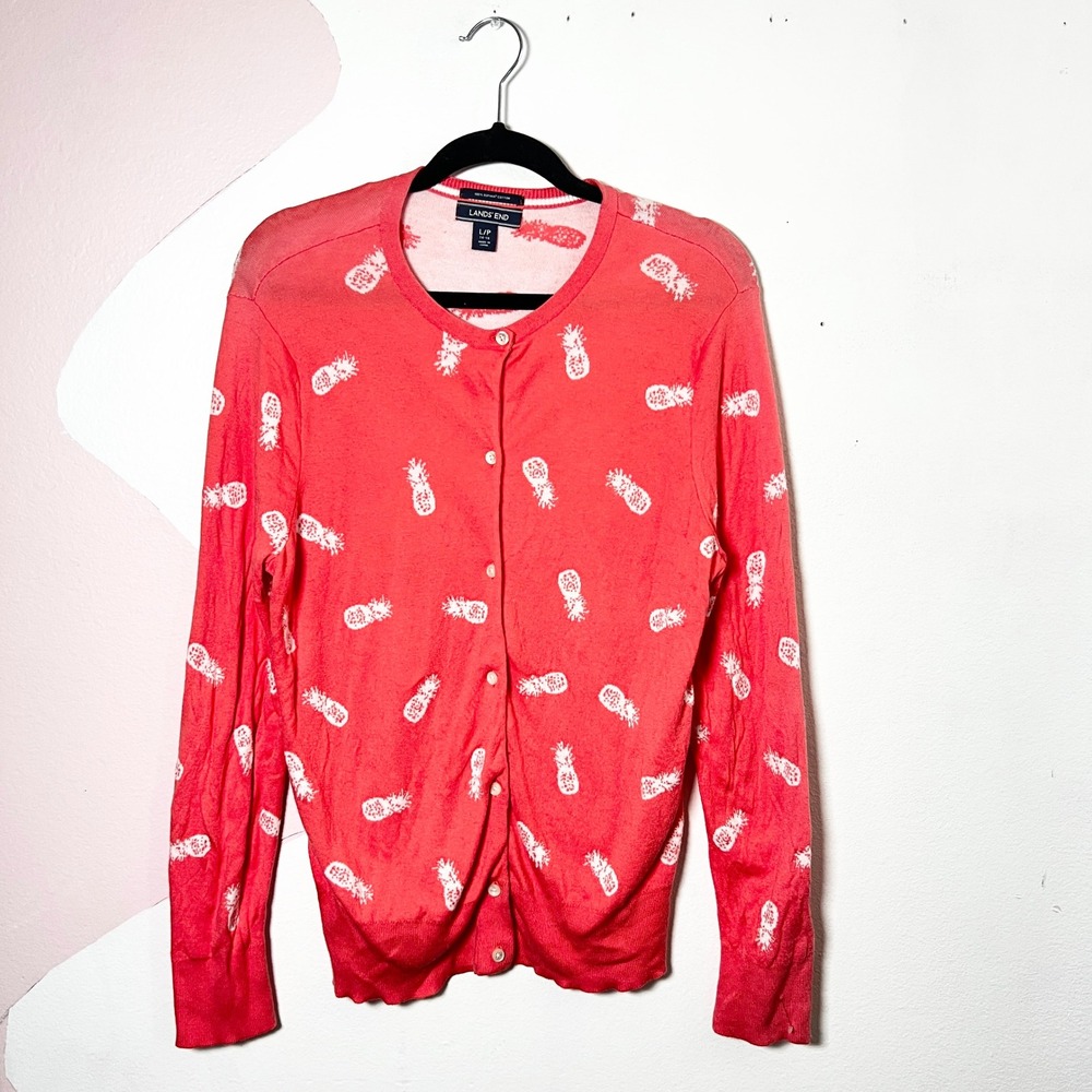 Lands' End Womens Supima Cotton Cardigan Size Large Pineapple Print Vacation